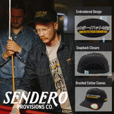 Sendero Provisions Co. Tip Your Hat Black Unstructured 5-Panel Snapback Hat - Embroidered Brushed Cotton Canvas, Adjustable Fit, Semi-Curved Visor, Ideal for Casual Outdoor Adventures